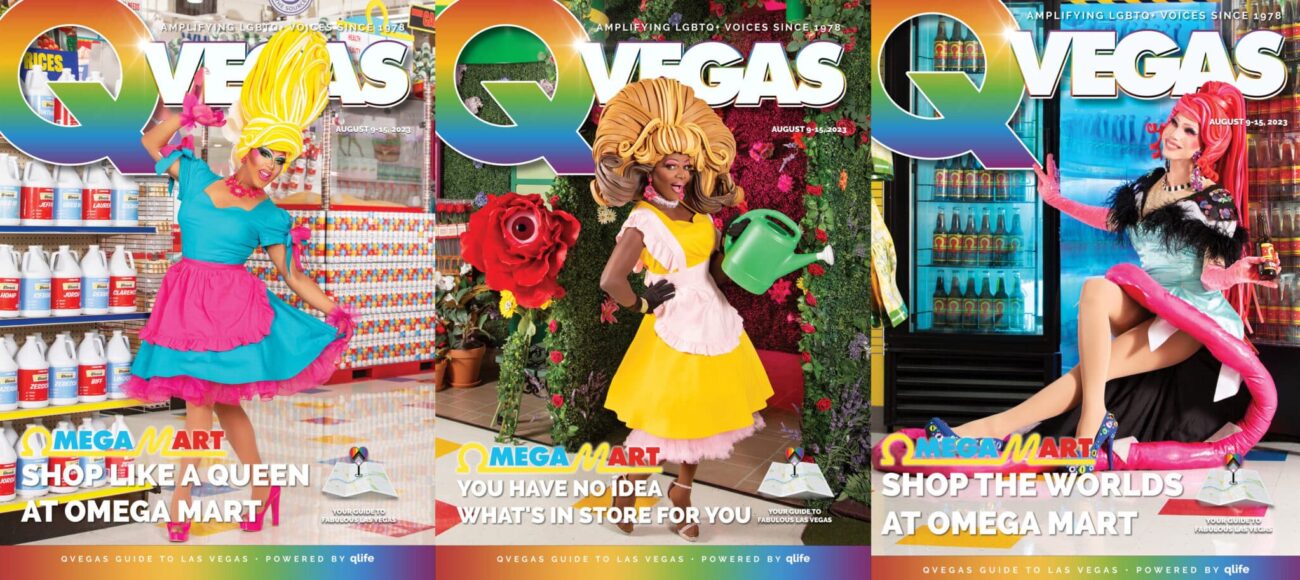 QVegas 2023 Cover RuPaul’s Drag Race Queens: Coco Montrese, Alexis Mateo, and Jade Jolie. Omega Mart Las Vegas Editorial Photography