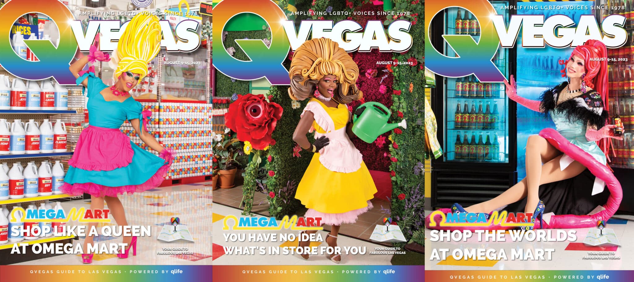 QVegas 2023 Cover RuPaul’s Drag Race Queens: Coco Montrese, Alexis Mateo, and Jade Jolie. Omega Mart Las Vegas Editorial Photography